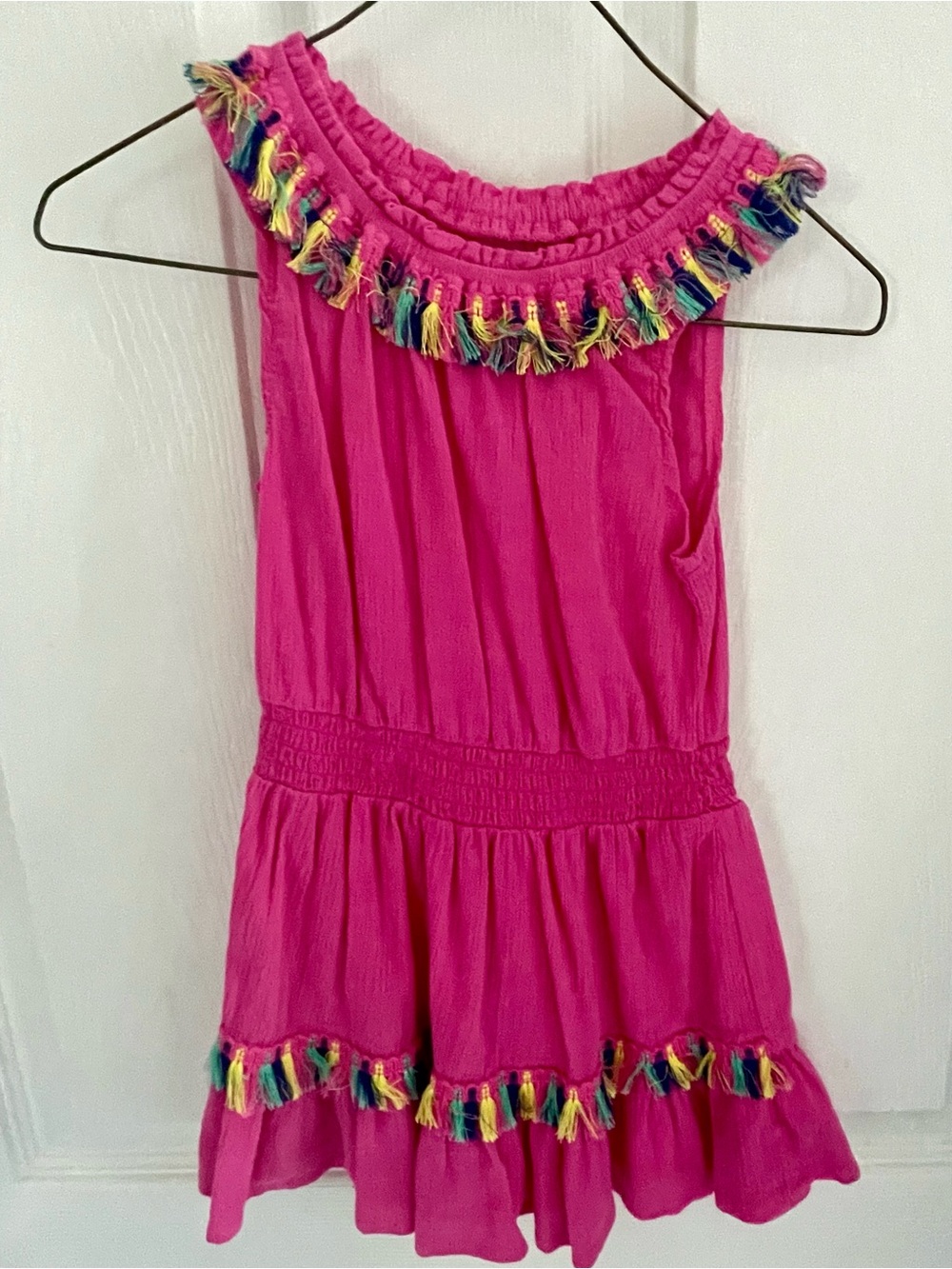 Flapdoodles Bright Fuchsia Sleeveless Romper with Multicolor Tassels